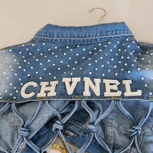 NWOT! Custom made Fringe crop diamond and pearl jean jacket